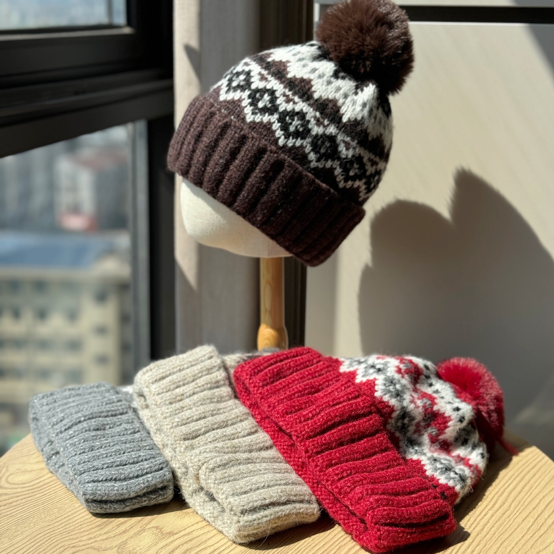Wholesale Christmas wool hat for women,  warm and cute winter pom-pom ear flap hat